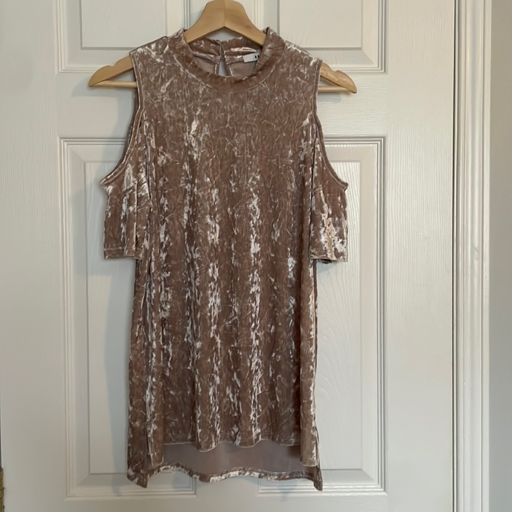 RO & DE velvet cold shoulder mock neck top